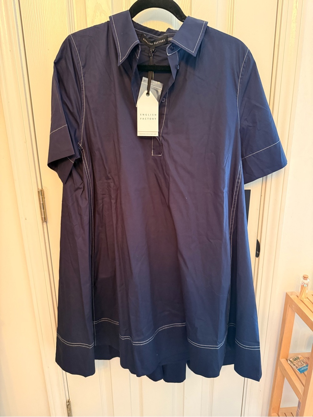 NWT English Factory Navy Short-Sleeve Popover Shirtdress w/Contrast Stitching